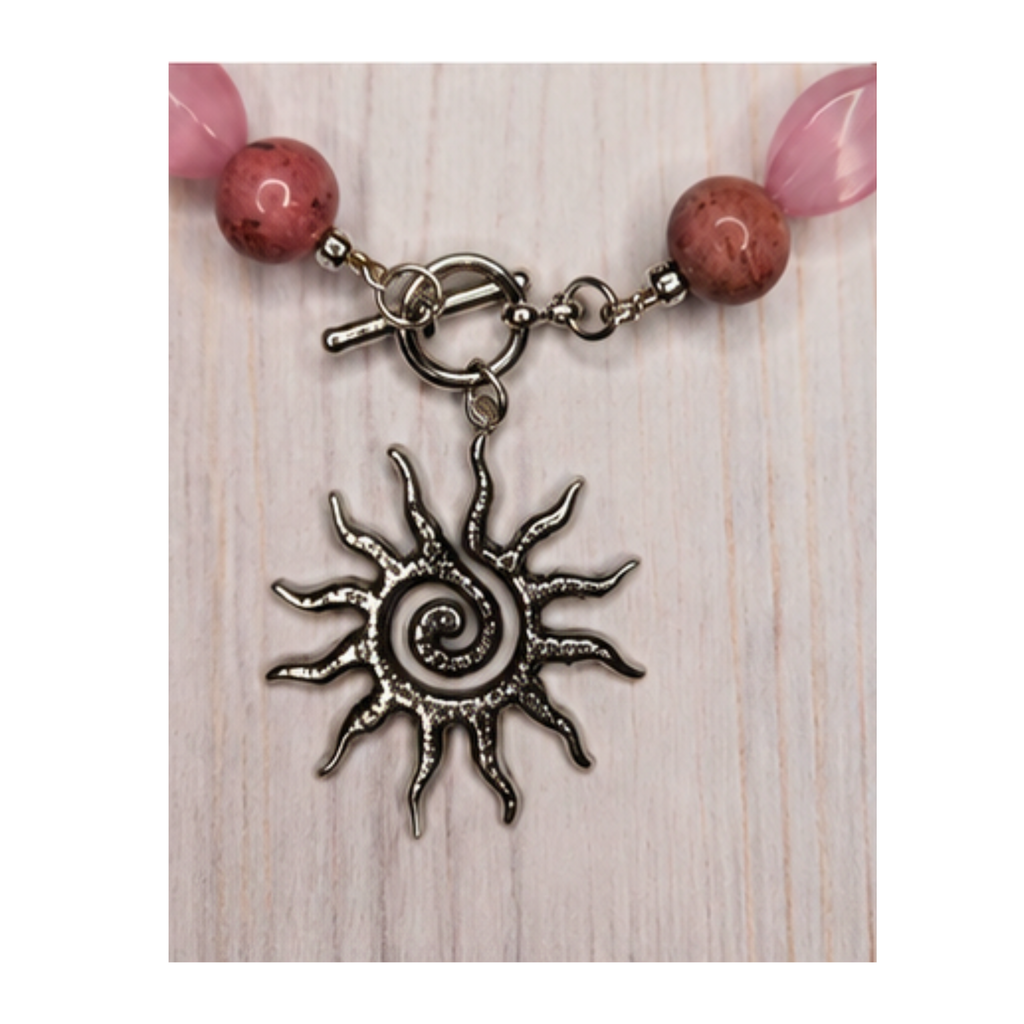 Pink Cat's Eye Twist & Rhodonite Necklace with Sun Charm