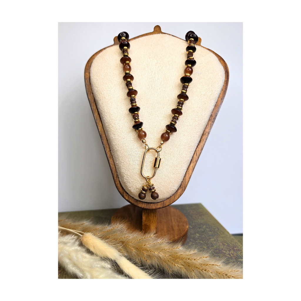 Natural Wood Bicone, Brown Glass & Heishi Shell Necklace