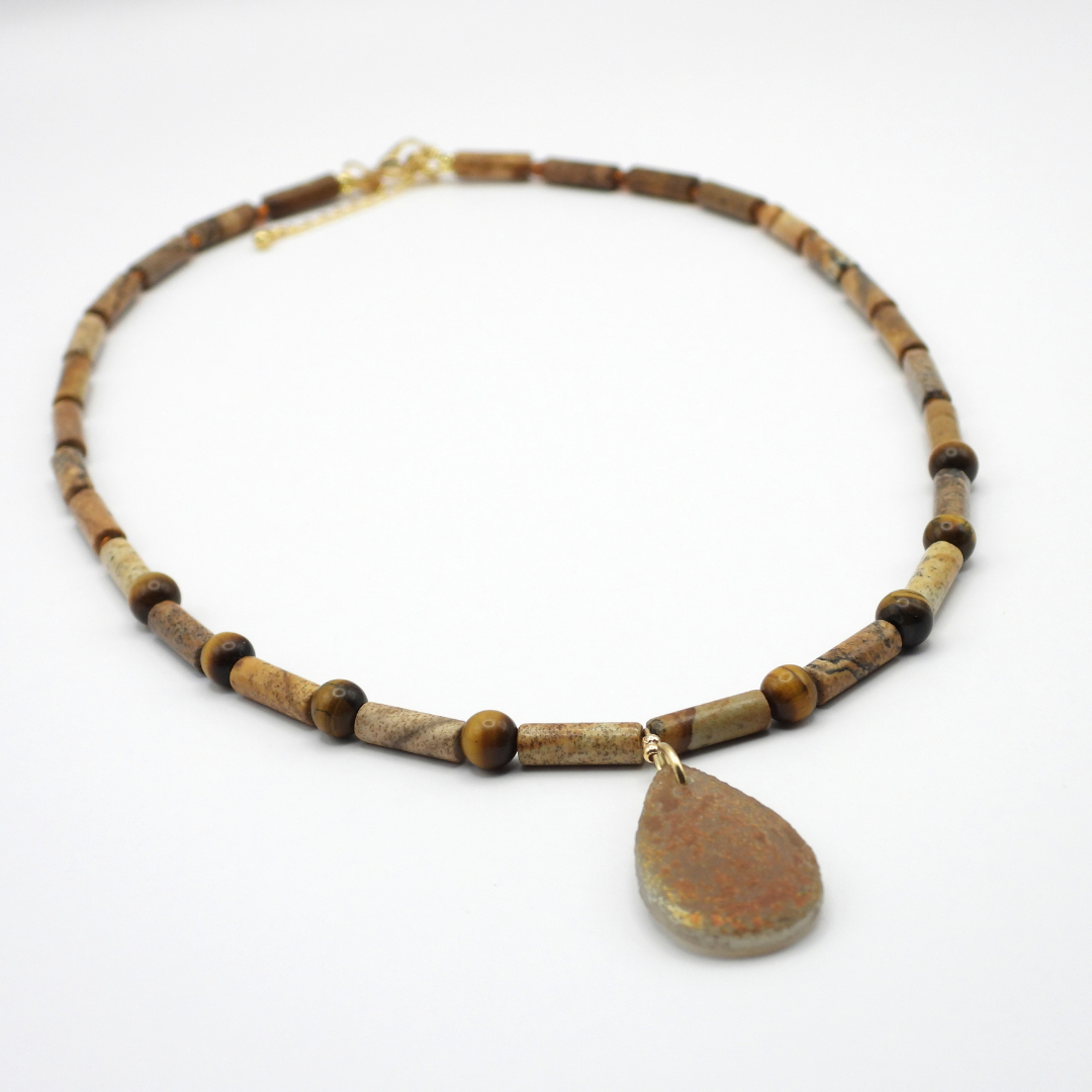 Picture Jasper & Tiger Eye Czech Glass Teardrop Necklace