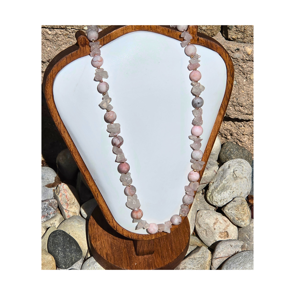 Pink Zebra Agate & Quartz Chip Beaded Necklace