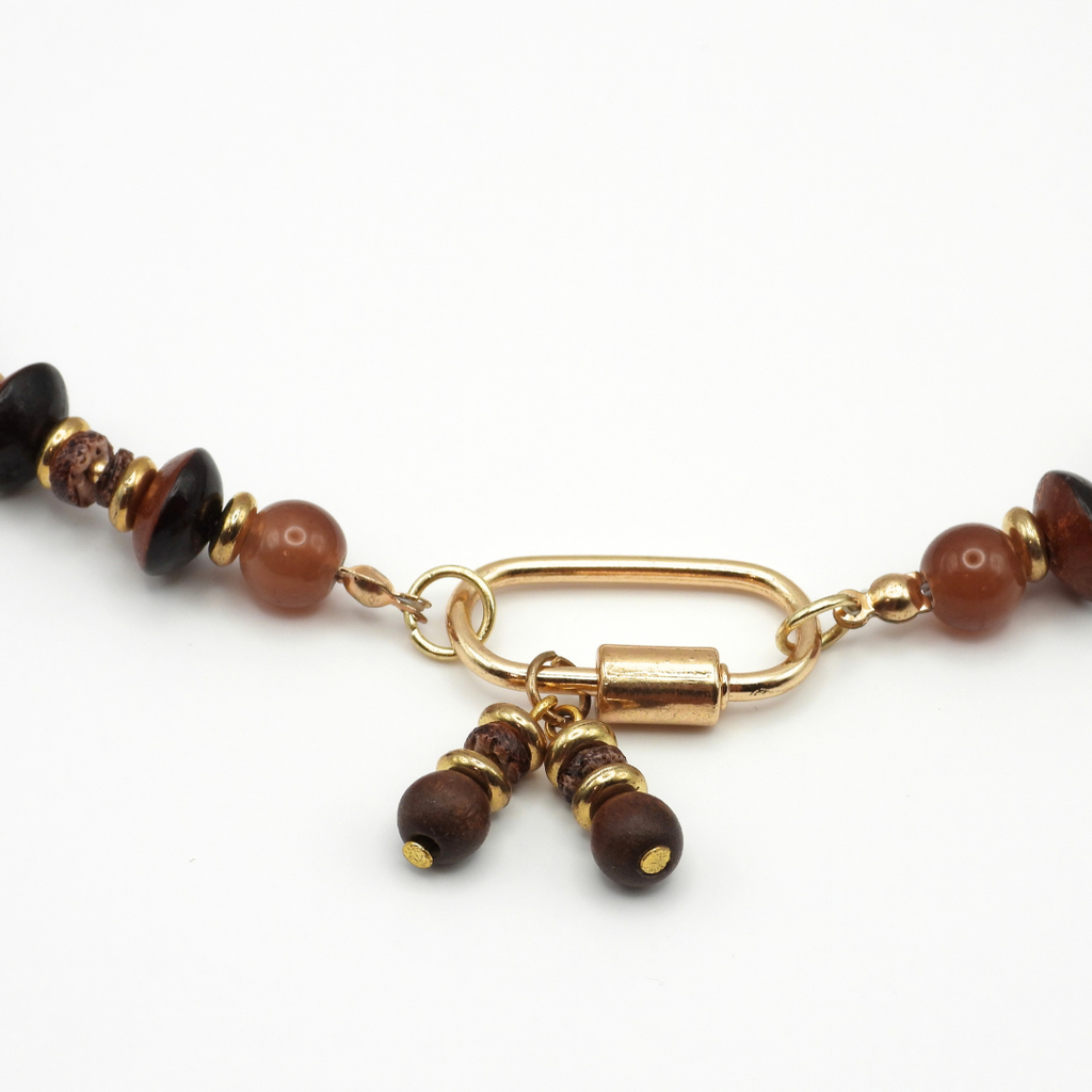 Natural Wood Bicone, Brown Glass & Heishi Shell Necklace