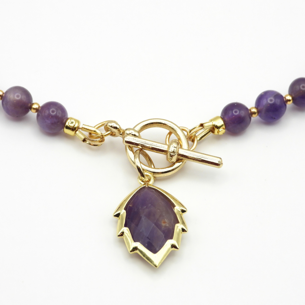 Amethyst Dalmatian Jasper & Agate Beaded Necklace with Amethyst Leaf Charm