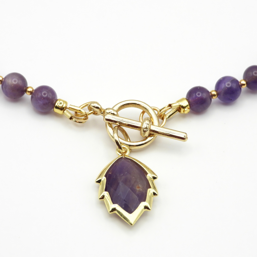 Amethyst Dalmatian Jasper & Agate Beaded Necklace with Amethyst Leaf Charm