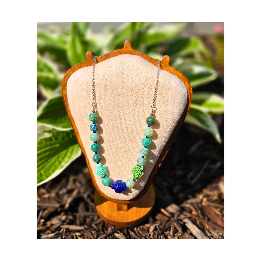 Crackle Agate & Ceramic Sea Turtle Beaded Necklace