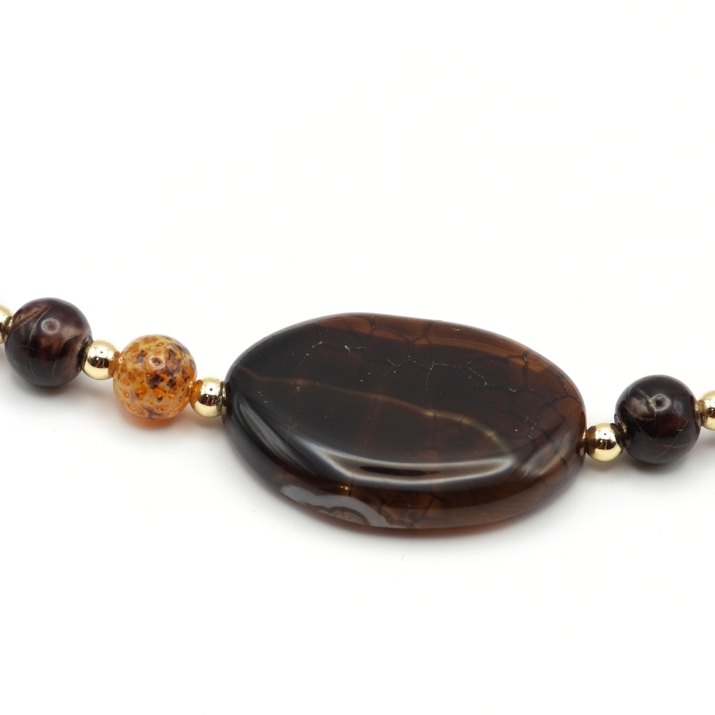 Australian Zebra Jasper & Brown Glass Beads with Brown Agate Focal Necklace