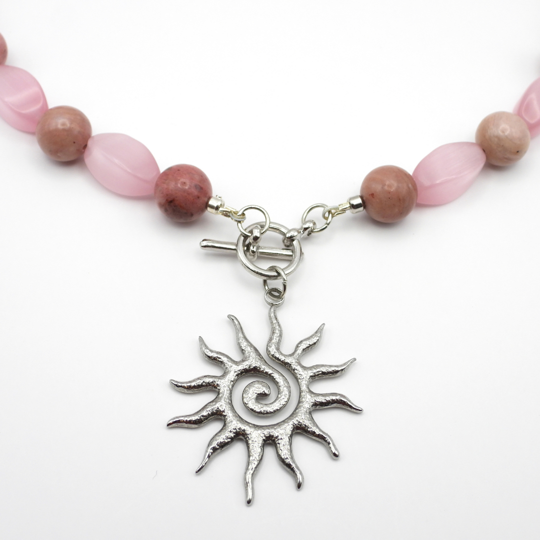Pink Cat's Eye Twist & Rhodonite Necklace with Sun Charm