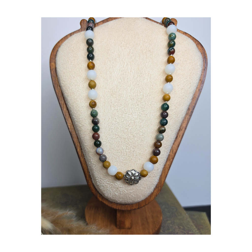 Indian Agate, Matte Glass & Woodgrain Bead Necklace