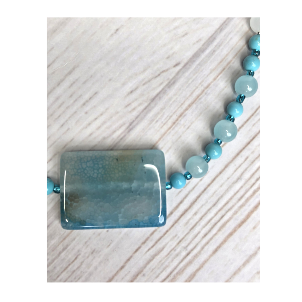 Aqua Dyed Fire Agate & Turquoise Glass Bead Statement Necklace