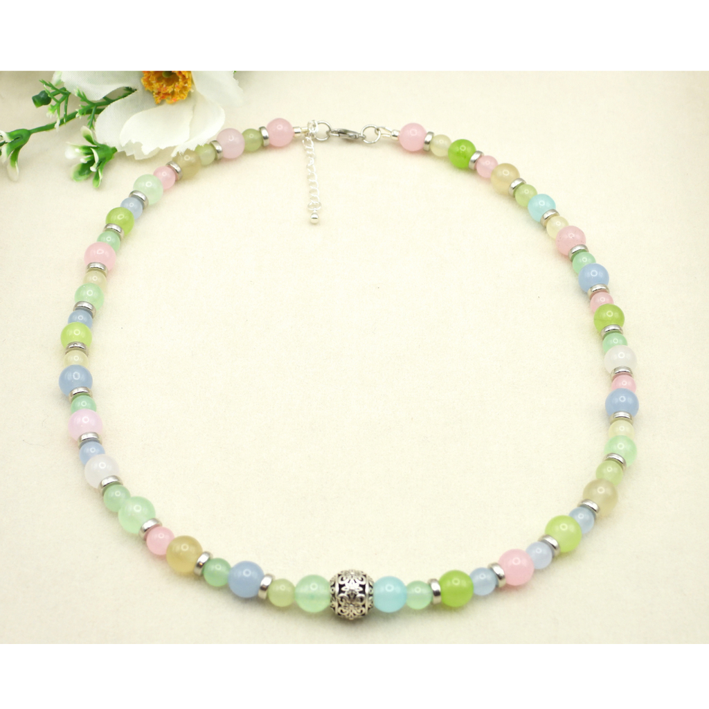 Dyed Pastel Quartz & Silver Rondelle Necklace