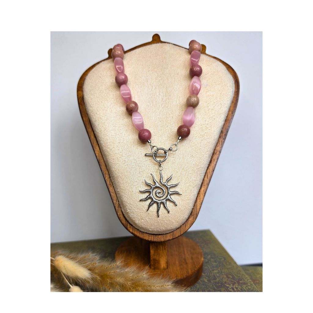 Pink Cat's Eye Twist & Rhodonite Necklace with Sun Charm