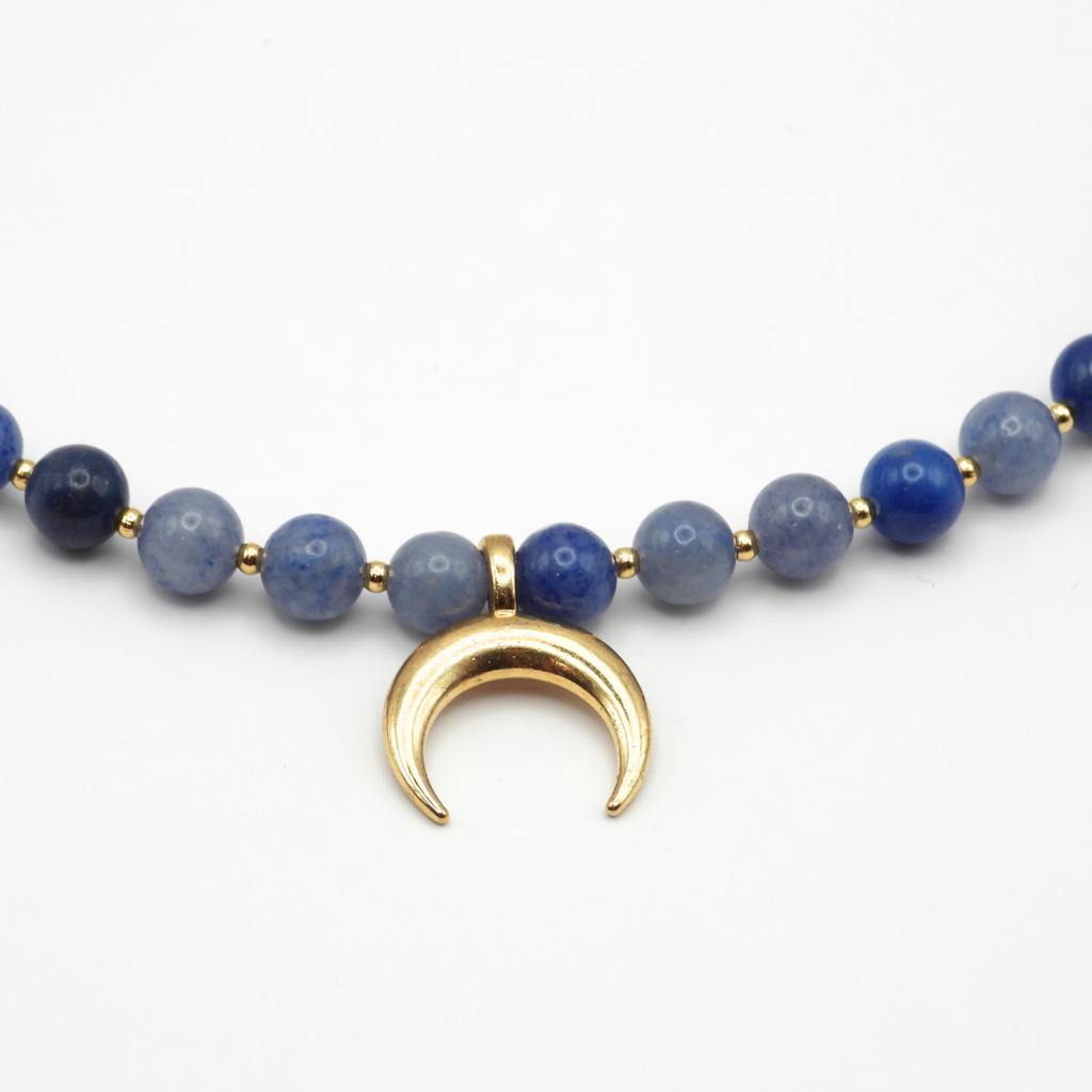 Blue Aventurine & Sodalite Chip Necklace with Gold Crescent Moon