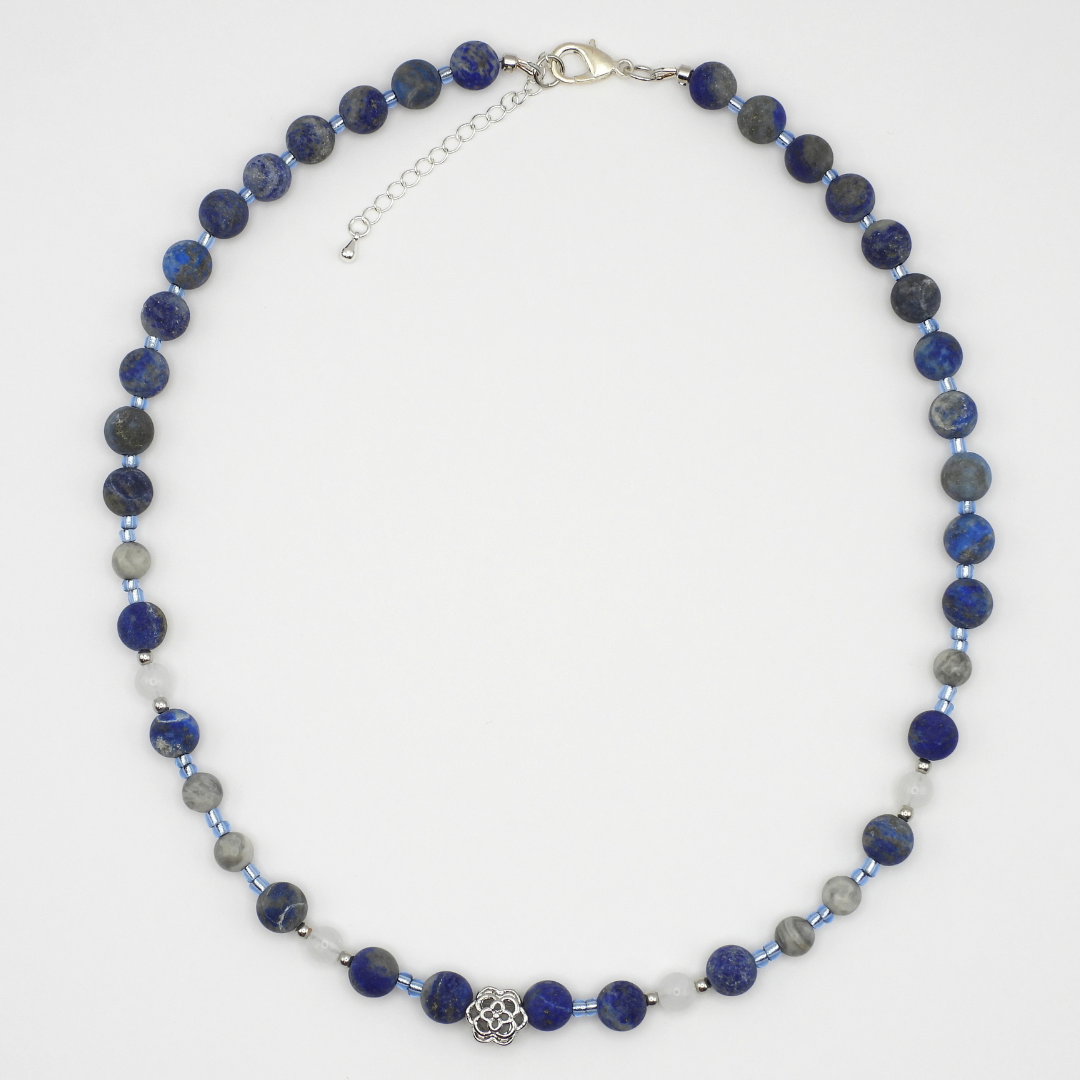 Denim Lapis, Clear Quartz & Map Jasper Beaded Necklace