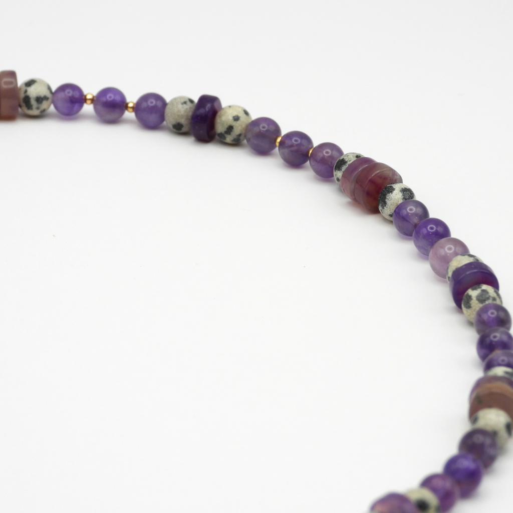 Amethyst Dalmatian Jasper & Agate Beaded Necklace with Amethyst Leaf Charm