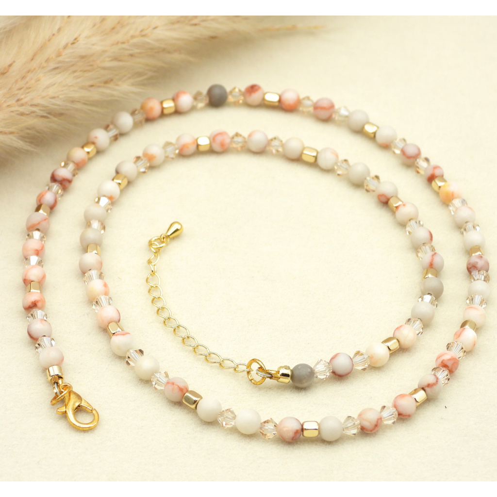 Red Network Jasper & Bicone Crystal Glass Necklace