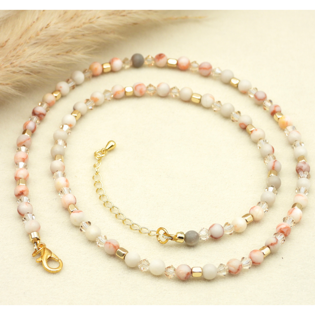 Red Network Jasper & Bicone Crystal Glass Necklace