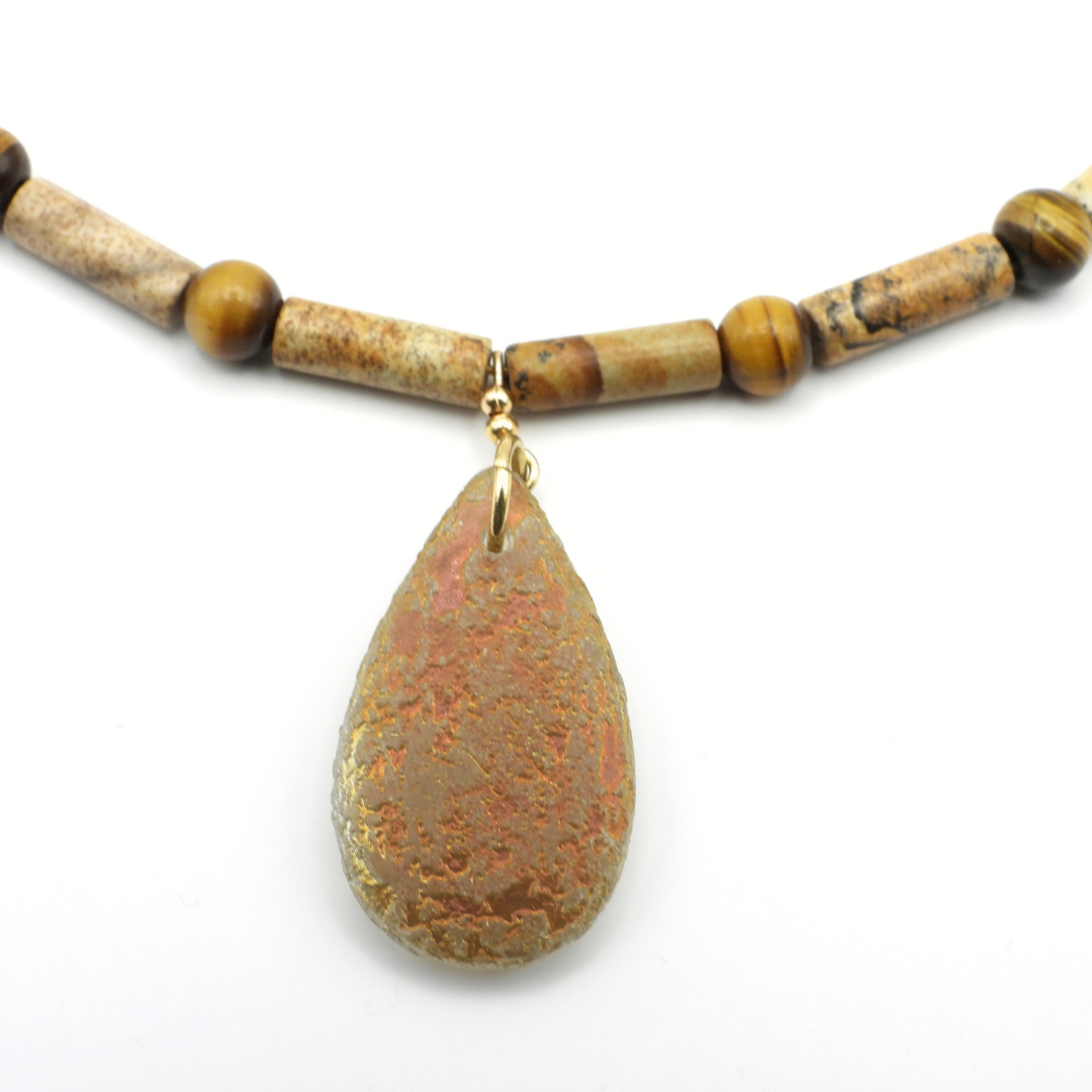 Picture Jasper & Tiger Eye Czech Glass Teardrop Necklace