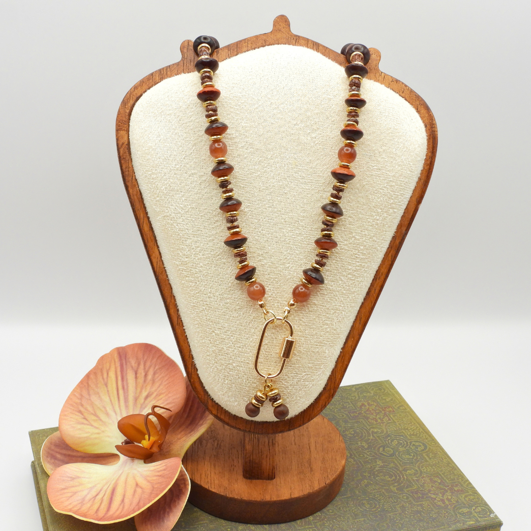 Natural Wood Bicone, Brown Glass & Heishi Shell Necklace