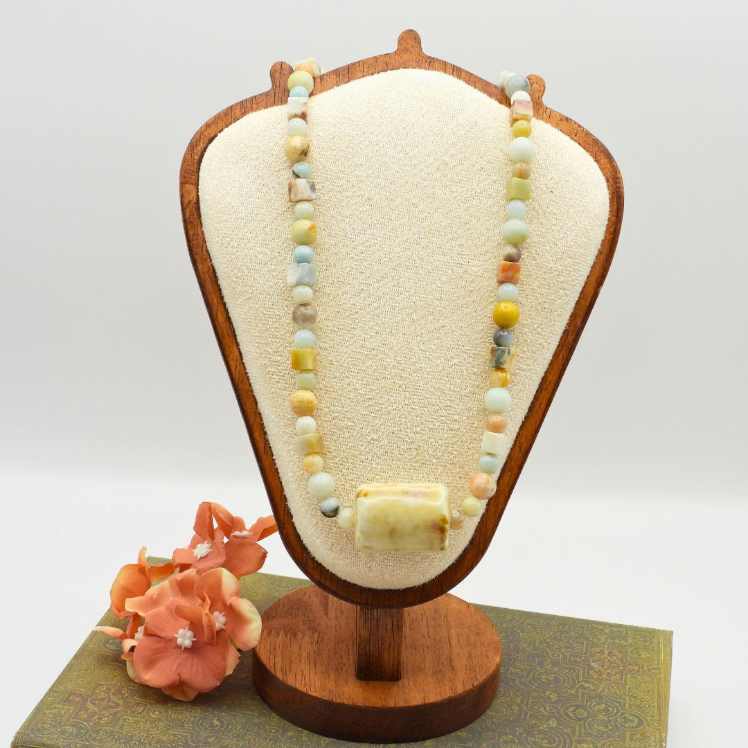Amazonite Round & Cube Beaded Necklace with Ceramic Rectangle Puff Focal