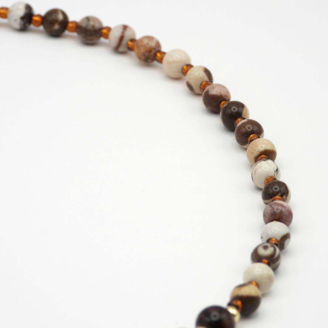 Australian Zebra Jasper & Brown Glass Beads with Brown Agate Focal Necklace