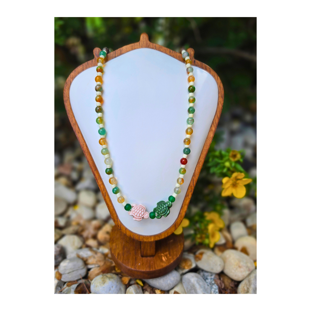 Peacock Agate & Green Glass Beaded Necklace with Ceramic Turtle Focal