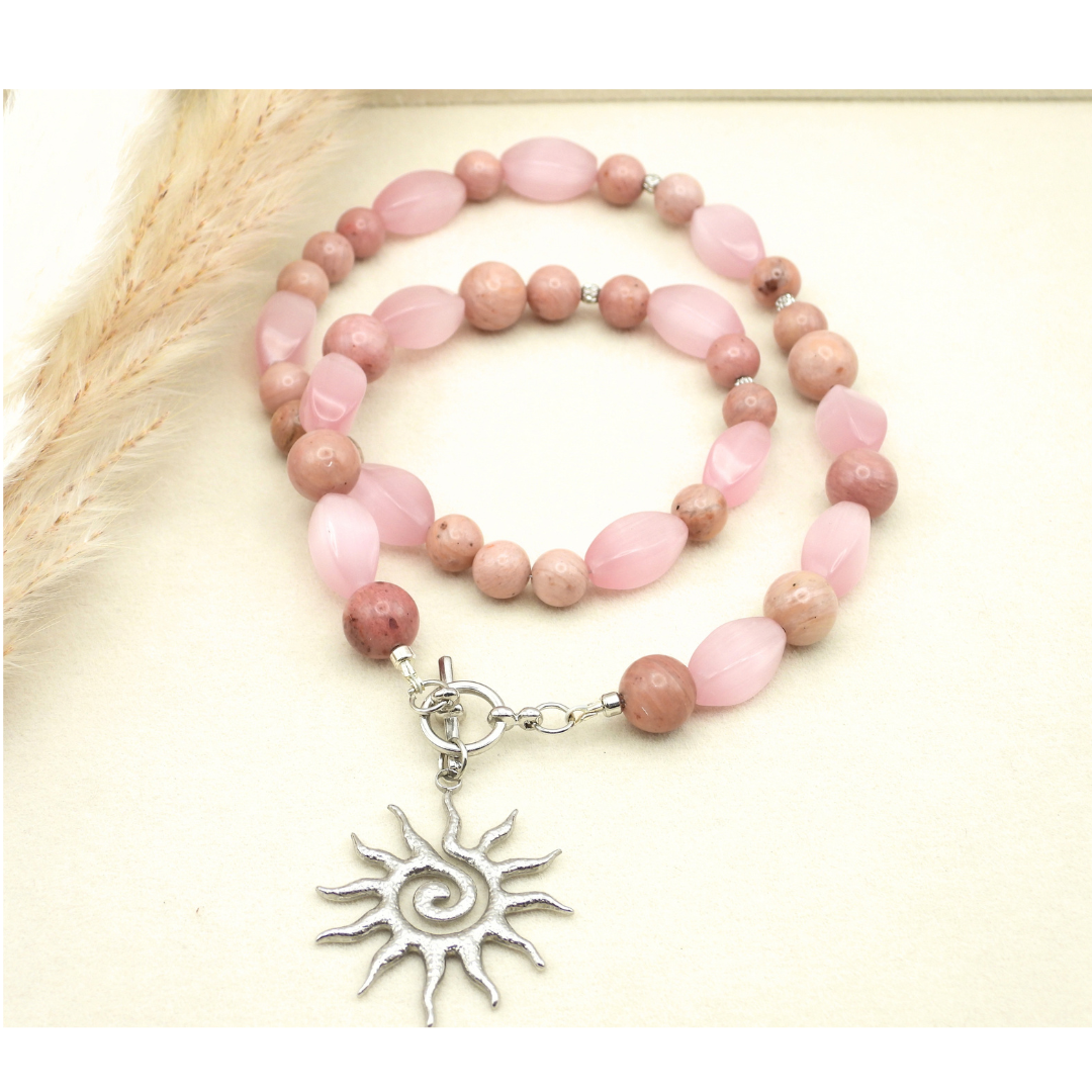 Pink Cat's Eye Twist & Rhodonite Necklace with Sun Charm