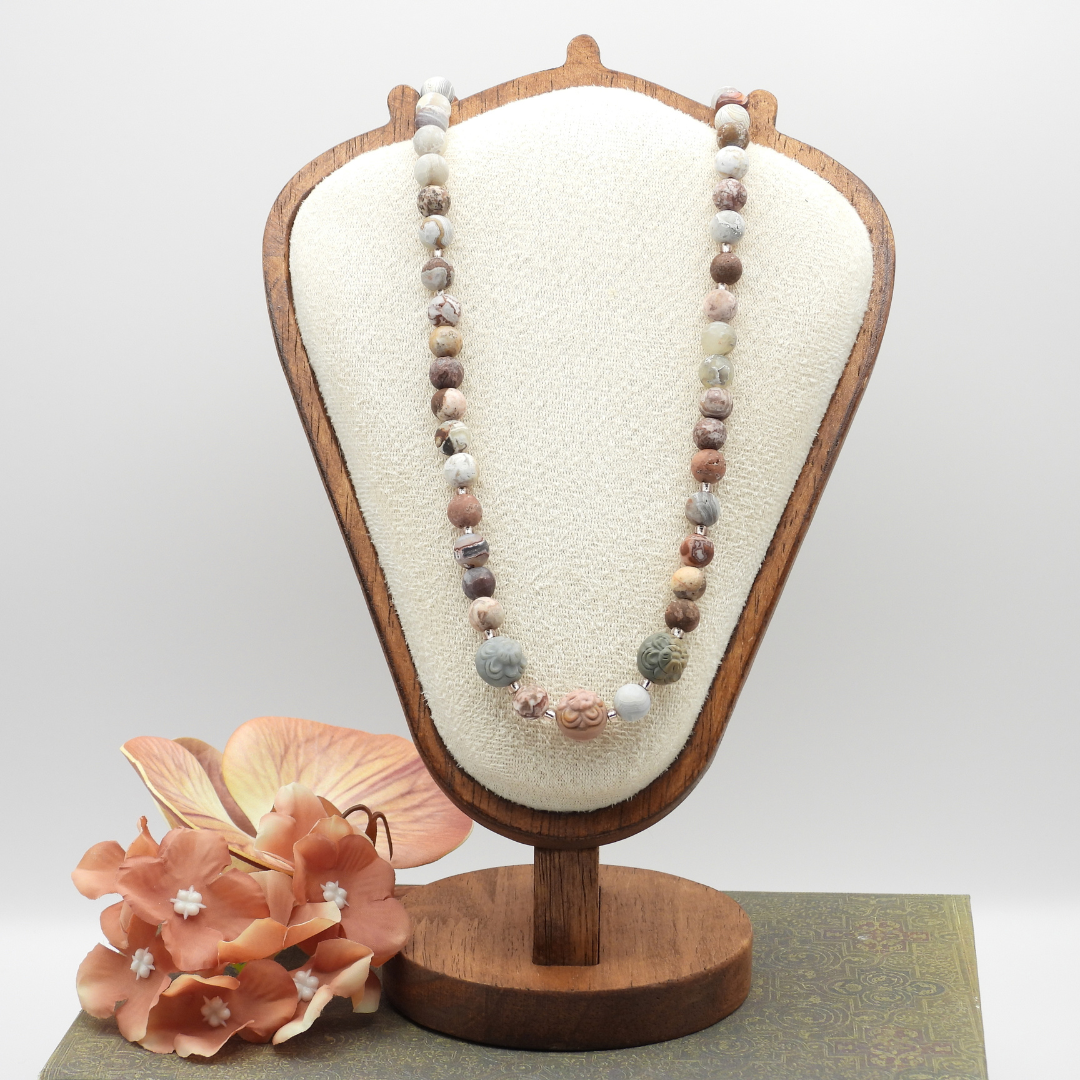 Matte Rosetta Lace Agate & Carved Alashan Agate Necklace