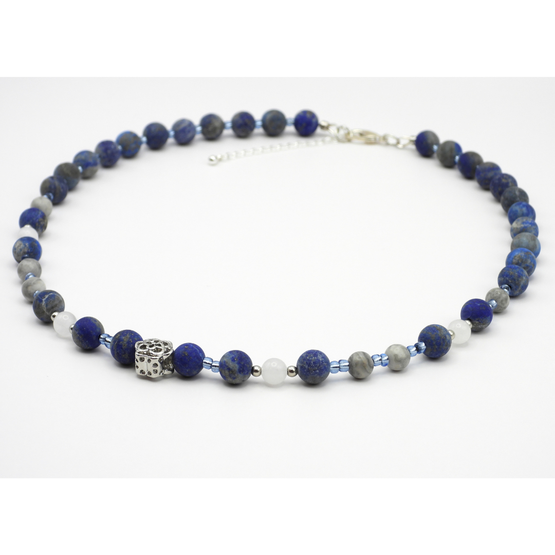 Denim Lapis, Clear Quartz & Map Jasper Beaded Necklace
