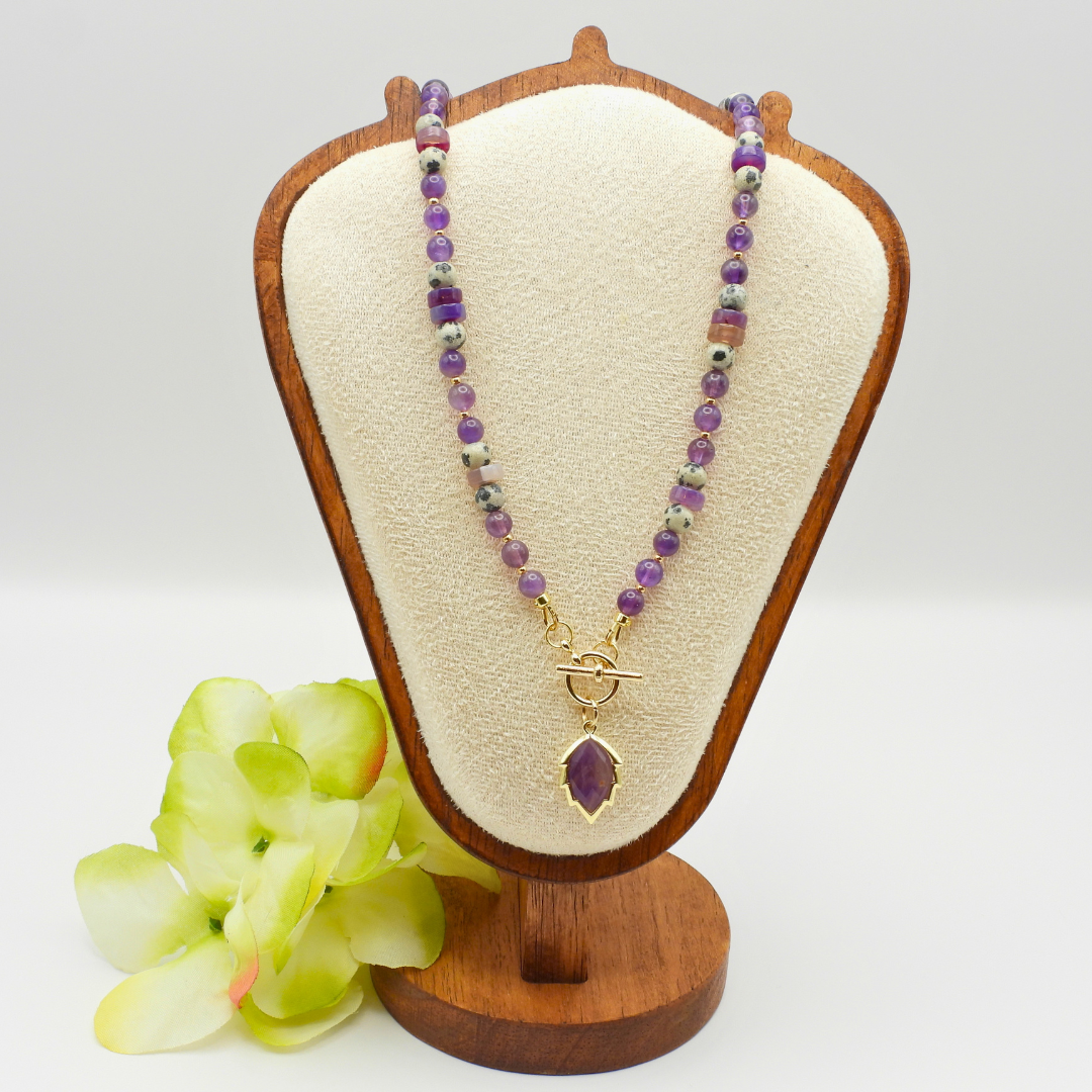 Amethyst Dalmatian Jasper & Agate Beaded Necklace with Amethyst Leaf Charm