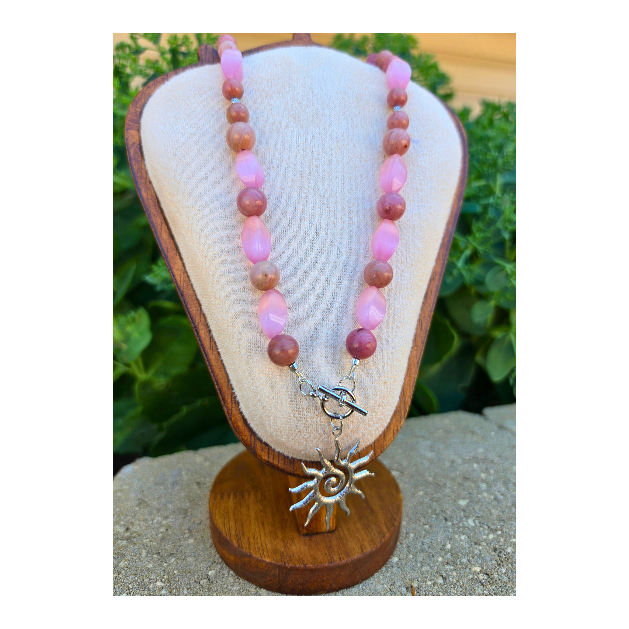 Pink Cat's Eye Twist & Rhodonite Necklace with Sun Charm