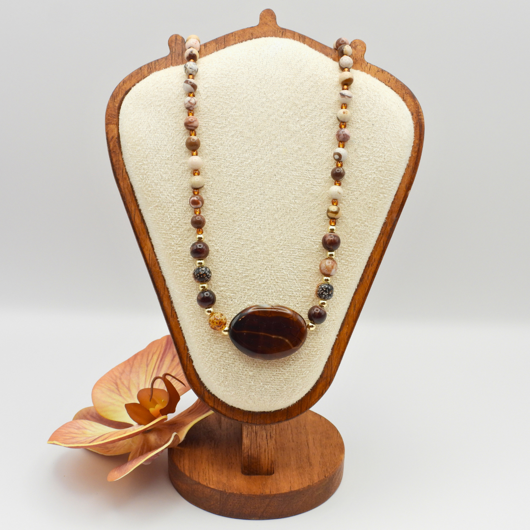 Australian Zebra Jasper & Brown Glass Beads with Brown Agate Focal Necklace