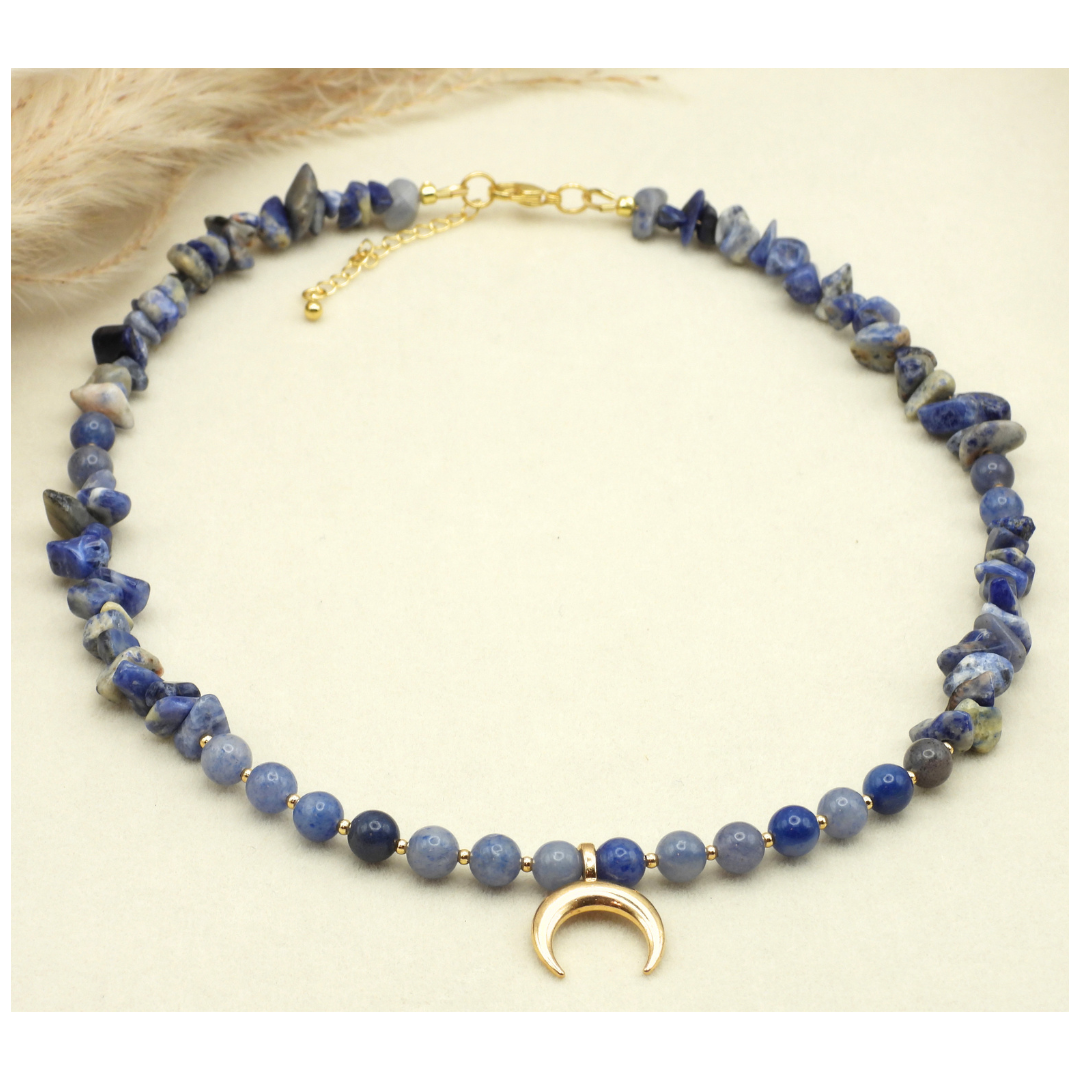 Blue Aventurine & Sodalite Chip Necklace with Gold Crescent Moon