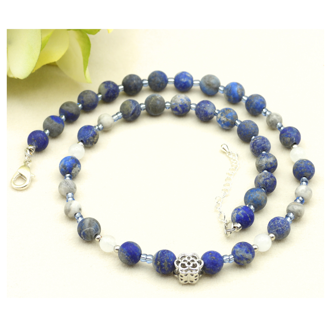Denim Lapis, Clear Quartz & Map Jasper Beaded Necklace